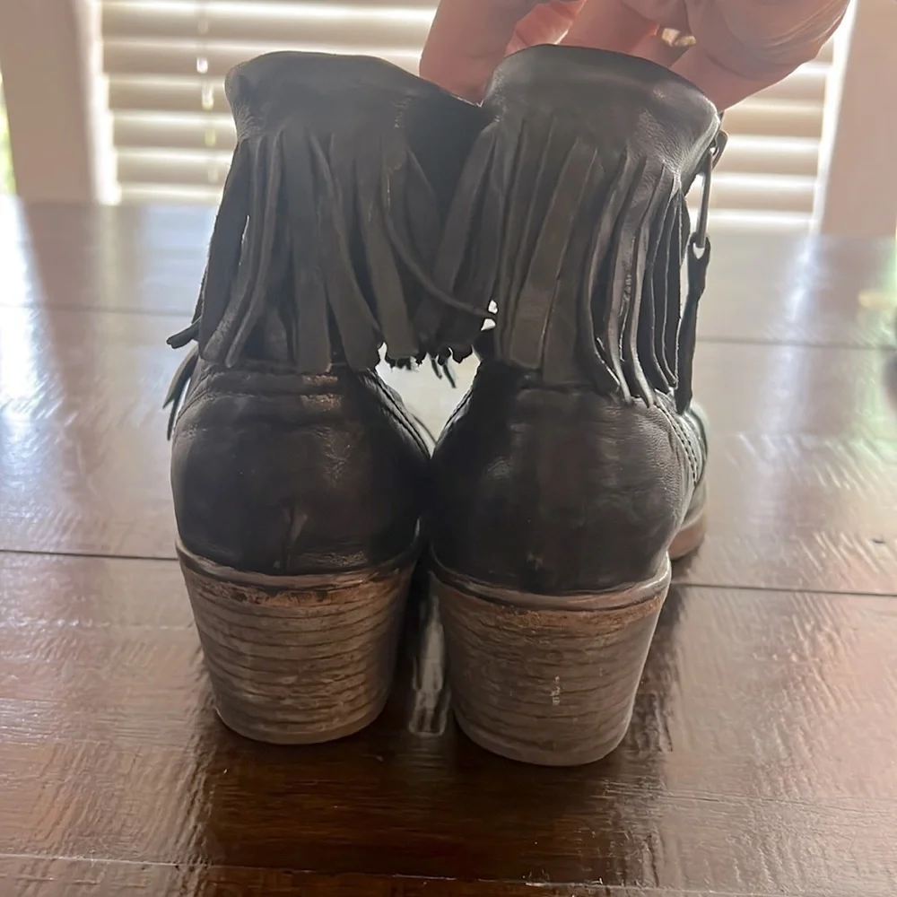 All Saints -“Bonny Cuban” black fringe leather booties